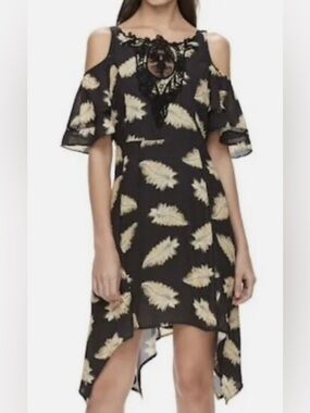 Disney Black Asymmetrical Cold-Shoulder Dress with Cream Leaf Print